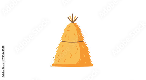 A stylized golden yellow haystack illustration with a conical shape and a brown band tied around its middle.