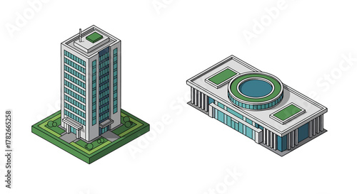 A set of two modern isometric buildings a tall office skyscraper and a lowrise public building with a circular roof feature.