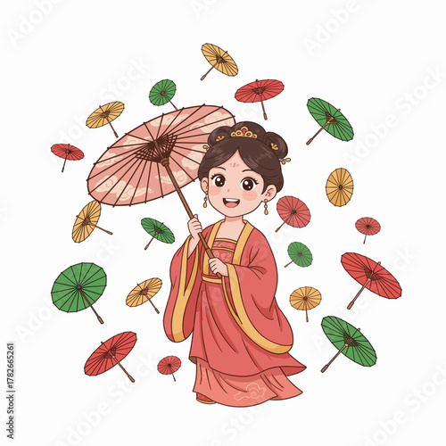 Traditional Chinese woman illustration with parasol and floating umbrellas, depicting cultural elegance and festive joy