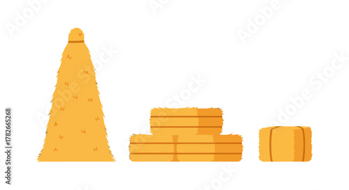 A collection of stylized golden haystacks and tied hay bales in a flat cartoon style.