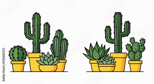 Stylish Green Cacti and Succulents in Sunny Yellow Planters