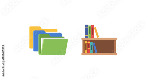 A set of colorful flat design icons featuring stacked document folders and a small wooden bookshelf with books.
