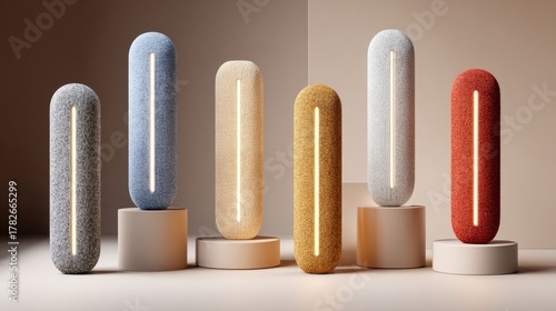 Six modern capsule smart devices with textured fabric covers and glowing vertical light strips displayed on pedestals.