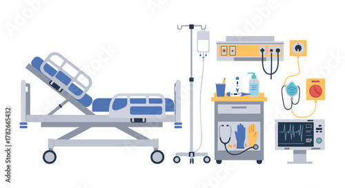 Intensive care unit hospital room with a patient bed, vital signs monitor, and modern medical equipment for patient care