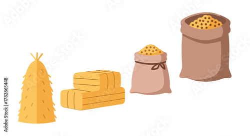 Cartoon Illustration of Hay Bale Stacked Hay Bales and Grain Sacks.