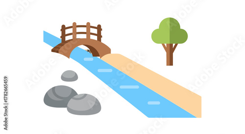 Cartoon Landscape with Bridge River Tree and Rocks Illustration.