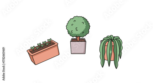 Cartoon Potted Plants Seedlings Topiary and Trailing Foliage in Pots.