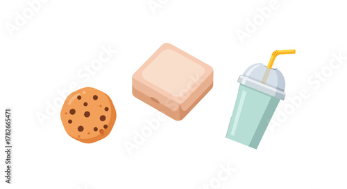 Cartoon school lunch set with a chocolate chip cookie a lunchbox and a drink.