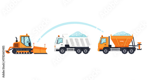 Cartoon Snow Removal Vehicles Bulldozer Dump Truck Spreader.
