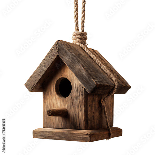 Wooden Birdhouse Hanging With Rope in a Rustic Style Against a Neutral Backgr...