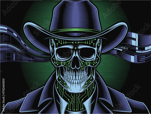 Dark Cyberpunk Cowboy Skull in Trench Coat and Hat Vector