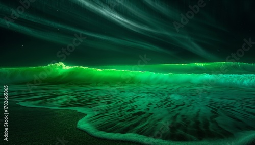 Fototapeta Naklejka Na Ścianę i Meble -  Emerald Coastal Surge, a Nighttime Vision of Foaming Waves Under a Celestial Glow.