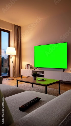 Wallpaper Mural Cozy Living Room Interior with man watching television in evening young guy sitting on sofa against tv chroma green screen back view male person switching channels using remote controller distortion Torontodigital.ca