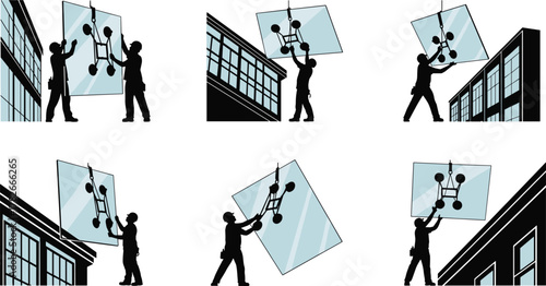 Glass panel installation, facade construction, building worker, suction lifter, crane hoist, safety gear, architectural glazing, precision work, industrial training, modern construction