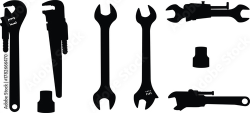 Hand tool silhouette, pipe wrench, open-end wrench, crescent wrench, caliper wrench, socket wrench, plumbing tools, repair equipment, construction tools, industry icons