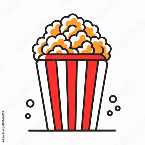 A stylized illustration of a bucket of popcorn, featuring red and white stripes and a generous pile of fluffy popcorn.