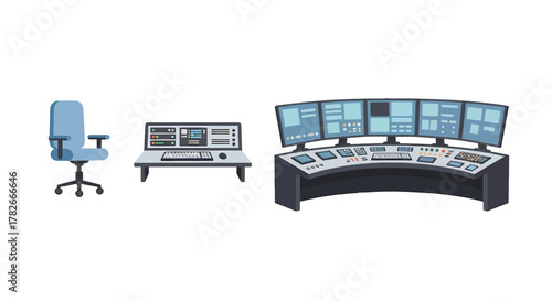 Control Room Setup with Chair Desk and MultiMonitor Console.