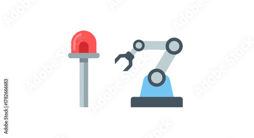 Flat design icon set of an industrial robotic arm and a red warning siren light for automation concepts.