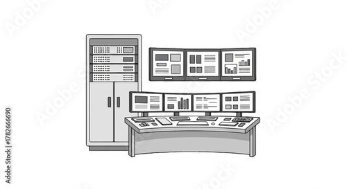 Control Room Station with Multiple Monitors and Server Rack Illustration.