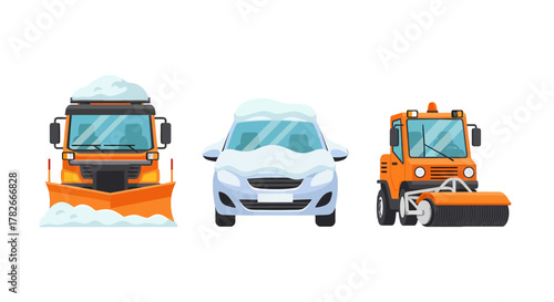 Flat vector illustration of winter vehicles orange snowplow truck light blue snowcovered car and snow sweeper.