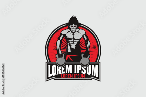 monkey lifting kettlebell vector image sign logo template