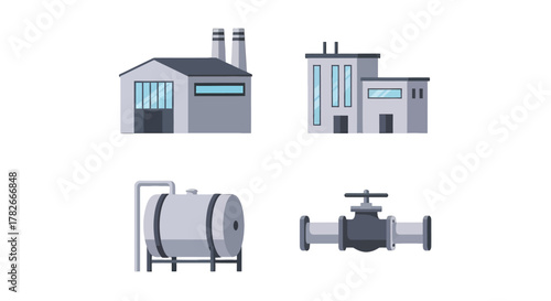 Flat vector industrial icons set factory buildings storage tank and pipe valve elements.