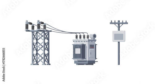Grey Electrical Power Infrastructure Pylon Transformer and Utility Pole Elements.