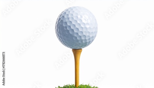 White golf ball on yellow tee in green grass, centered against plain white background with dimpled texture.