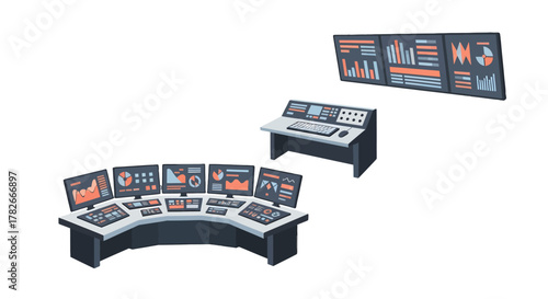 Futuristic Control Room Consoles with Data Visualization Displays.