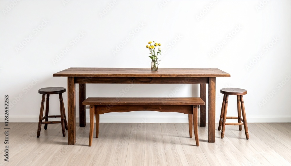 Fototapeta premium Minimalist dining setup with wooden table, bench, and stools; yellow flowers in glass vase on light wood floor against white wall.