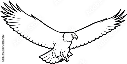 Black and white line drawing of a soaring eagle with outstretched wings