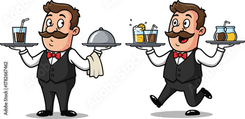 Cartoon waiter serving drinks and food, cheerful restaurant staff character illustration, hospitality service concept, professional waiter artwork