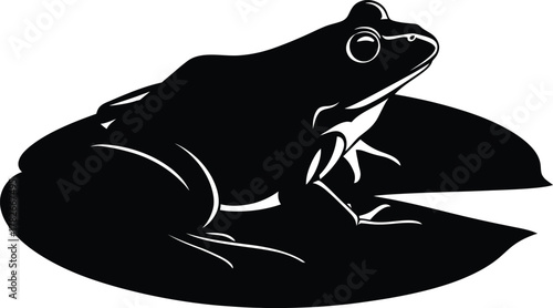 Black silhouette of a frog sitting on a lily pad against a white background