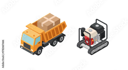 Isometric dump truck carrying boxes and portable generator on tracks.