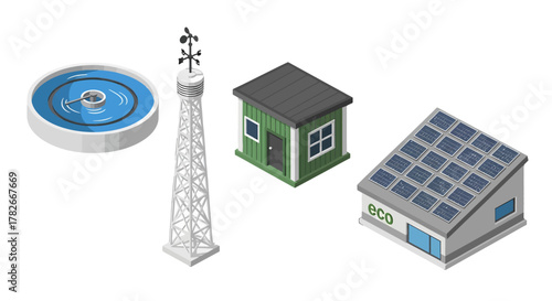 Isometric EcoFriendly Infrastructure Set Water Treatment Wind Tower Green Shed Solar Panel House.