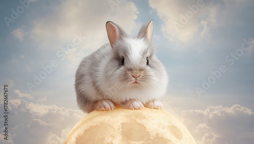 Lunar Perch. A Fluffy Friend Resting on an Ovoid Celestial Body, Amidst Wispy Clouds.