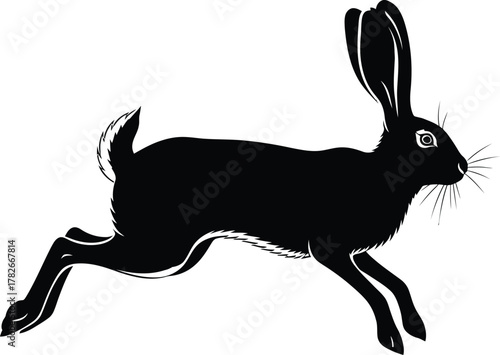Wall Mural Black silhouette of a running hare with long ears and a bushy tail