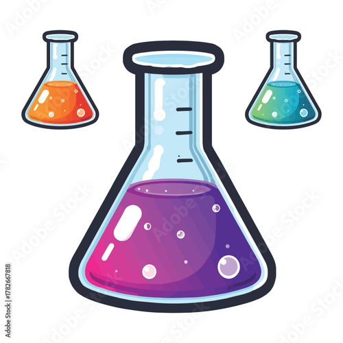 Chemistry Lab Beakers Filled with Colorful Liquid Vector Illustration