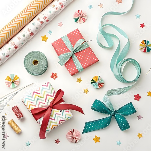 Colorful Ribbons, Bows, and Gift Wrapping Accessories Flatlay on White Background