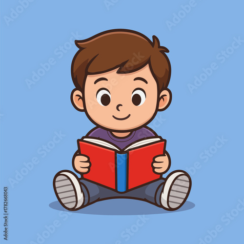 Cartoon vector illustration of a little boy reading a book for school education