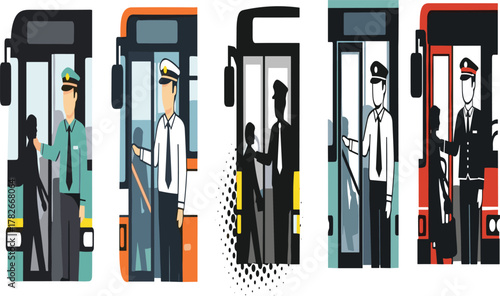 Bus drivers welcoming passengers on different colored buses, transportation service workers performing duty, public transport safety and travel professionalism concept illustration