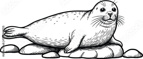 Hand drawn illustration of a cute seal resting on rocks in black and white