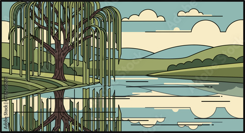 Tranquil willow tree reflecting in serene lakeside scenery illustration