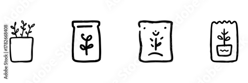 Potted Plant And Seed Packet Line Icon Set In Doodle Style. Gardening, Planting, And Seed Storage Outline Sketch Collection. Hand Drawn Isolated Vector Illustration