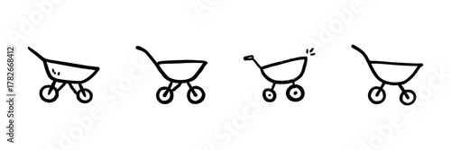 Wheelbarrow Line Icon Set In Doodle Style. Gardening, Construction, And Material Transport Outline Sketch Collection. Hand Drawn Isolated Vector Illustration