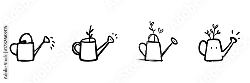 Watering Can With Sprouting Plants Line Icon Set In Doodle Style. Growth, Nurturing, And Gardening Concept Outline Sketch Collection. Hand Drawn Isolated Vector Illustration