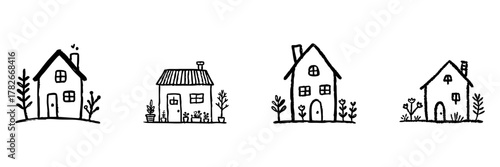 Charming House Line Icon Set In Doodle Style. Residential Architecture And Home Design Outline Sketch Collection. Cozy Living And Nature Integration. Hand Drawn Isolated Vector Illustration