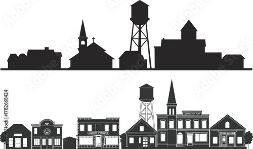Building silhouettes vector, rural urban skyline, architectural icons, townscape drawing, civic structure chart, cad drawing flat vector illustration
