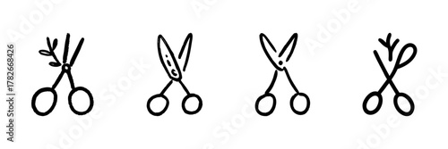 Scissors Line Icon Set In Doodle Style. Crafting, Sewing, And Gardening Tools Outline Sketch Collection. Creative And Artistic Design Elements. Hand Drawn Isolated Vector Illustration