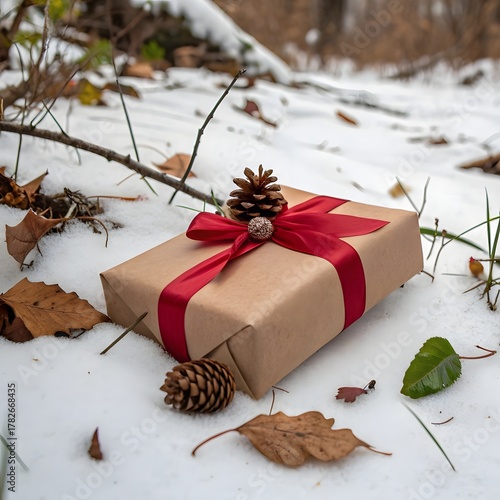 Single Christmas Gift Wrapped in Brown Paper with Red Satin Bow and Pine Cone Decoration on White Background